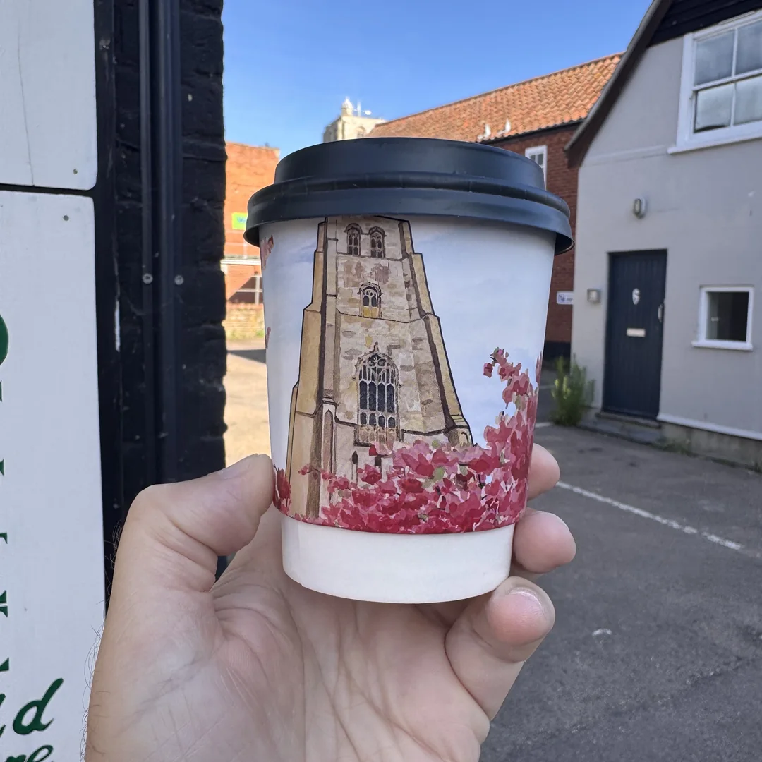A takeaway coffee cup printed with Beccles bell tower