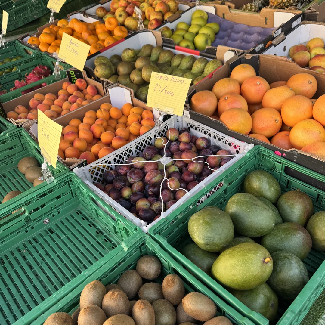 Crates of fruit and vegetables on a produce stall at Beccles Sunday Market